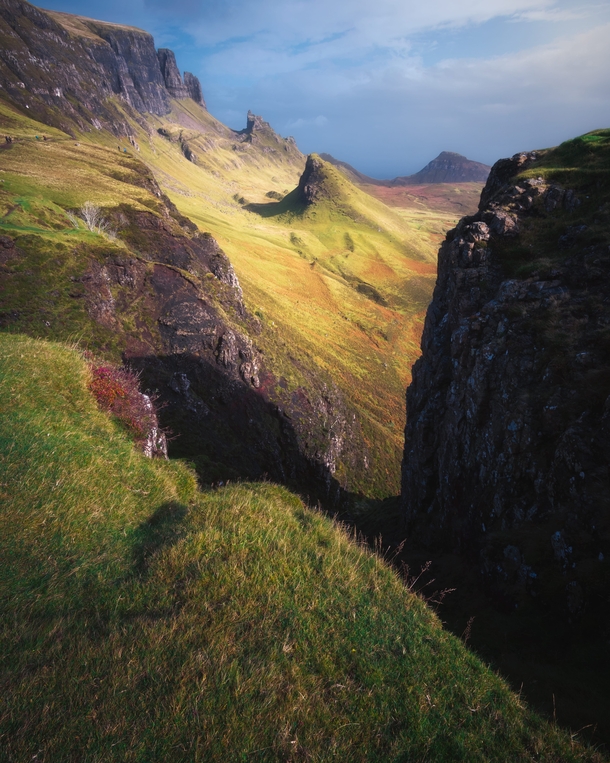 The shark fin formations that jut out of the land all part of the weird and wonderful landscape of the Quiraing on the Isle of Skye Skye Scotland UK 