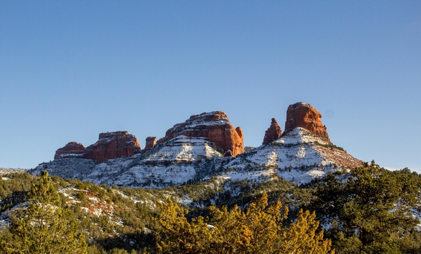 The snow covered monolithic red rocks of Sedona on Boxing Day