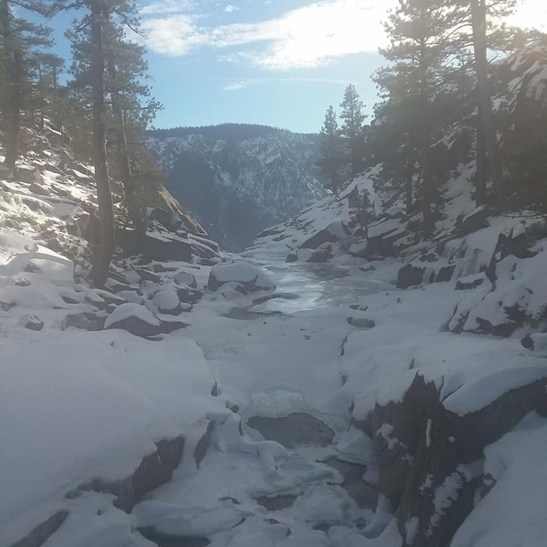 The source of the Yosemite Falls frozen over The falls are about  feet above the valley floor which makes for a wicked hike  I wish I had a better camera
