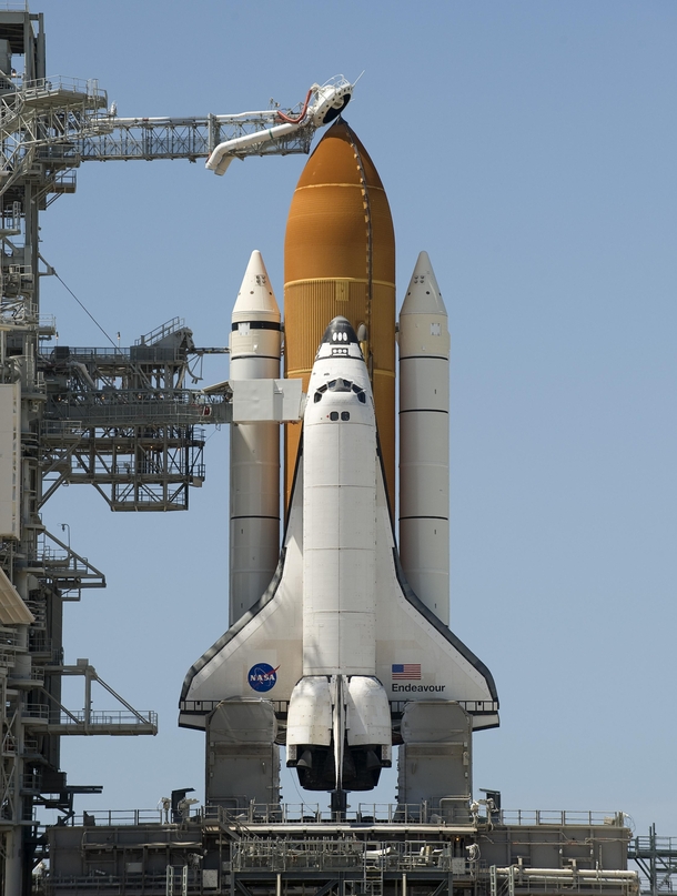 The space shuttle Endeavour is seen at launch pad A at NASAs Kennedy Space Center in Cape Canaveral Florida -- July   