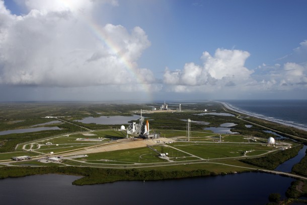 The Space Shuttle greeted by a rainbow 