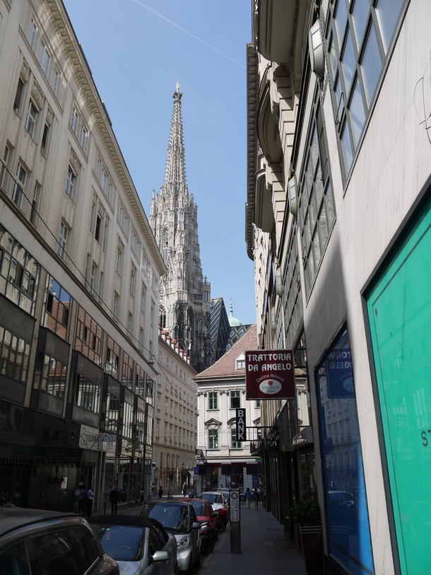 The spire of Stephansdom towering over the city Vienna 