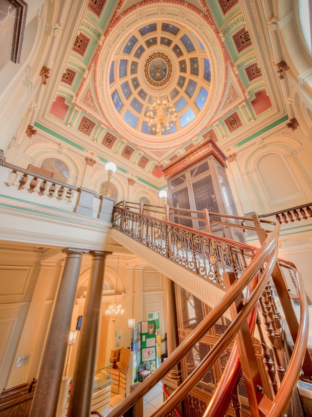 The staircase inside Halifax Town Hall England 