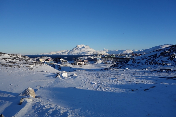 The suburbs of Nuuk Greenland with the Sermitsiaq mountain in the back 