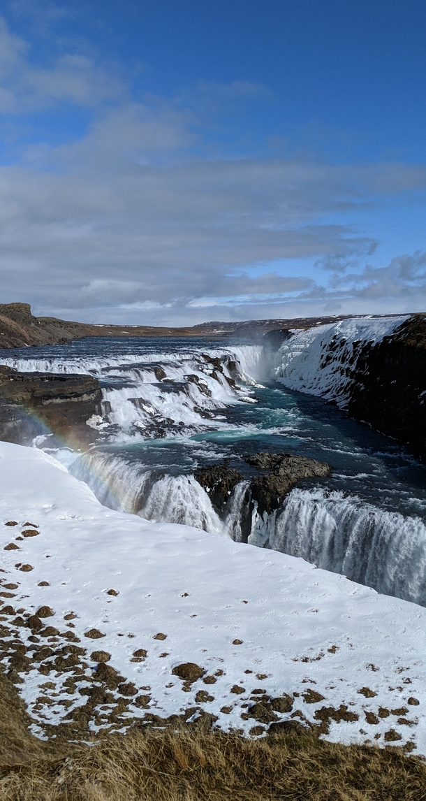 The sun came out for about  minutes for this great picture of Gullfoss Iceland and then began to downpour again 