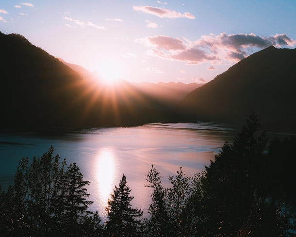 The sun sets on Lake Cushman out in the Olympic Mountains of Washington State 