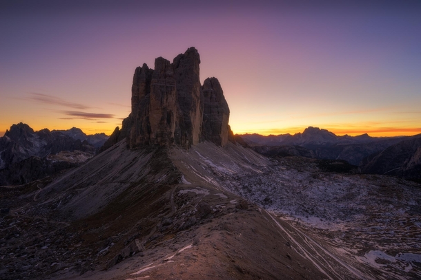 The Tre Cime towers during sunset Dolomites Italy 