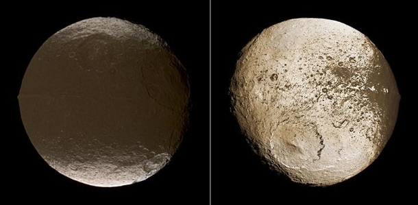 The two faces of Iapetus with one face covered with ices and the other with material from another Saturnian moon