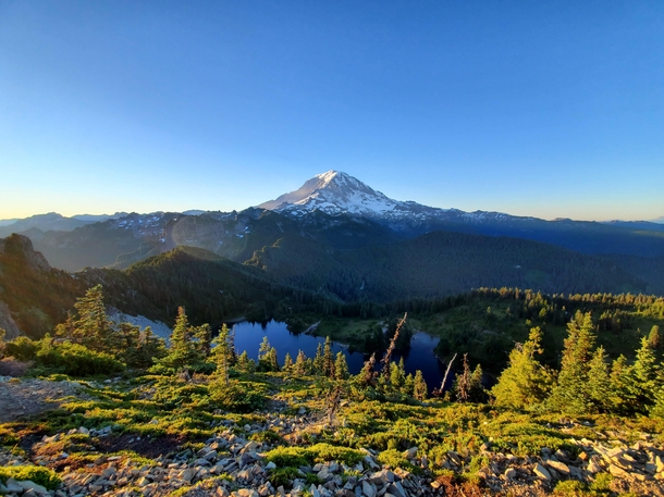 The view of Mount Rainier from Tolmie Peak Washington State 
