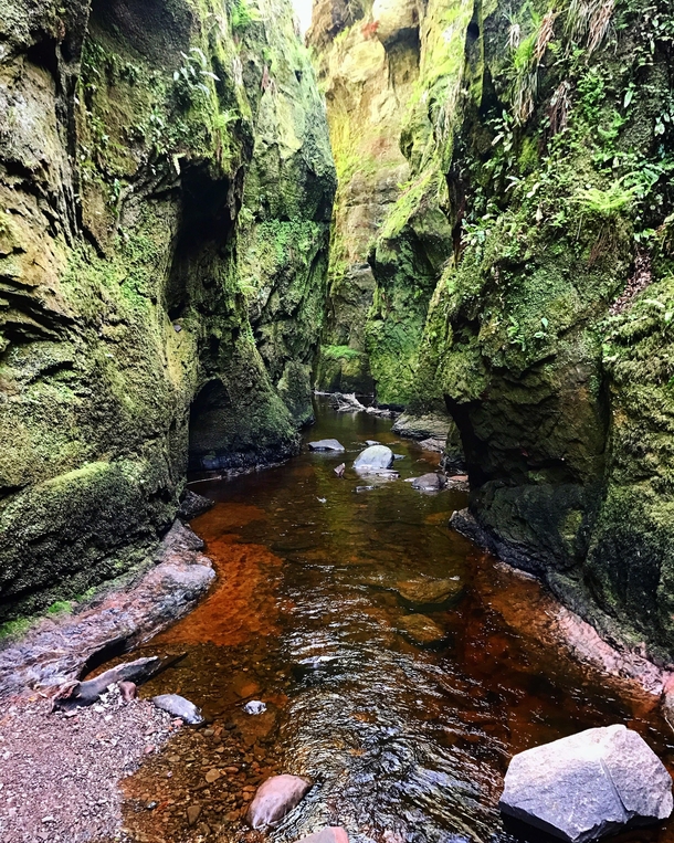 The water runs blood red at The Devils Pulpit Finnich Glen Scotland 