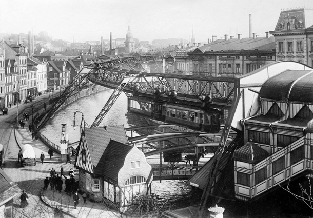 The Wuppertal Suspension Railway perched above the river Wupper in the German town of Wuppertal photographed on January  