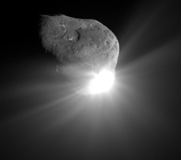 This is comet Tempel  This picture was taken by a NASA spacecraft on July   called Deep Impact It was sent to launch an Impactor to take a measurement of the interior nucleus of the comet Its the first time weve ever excavated material from a comet This i