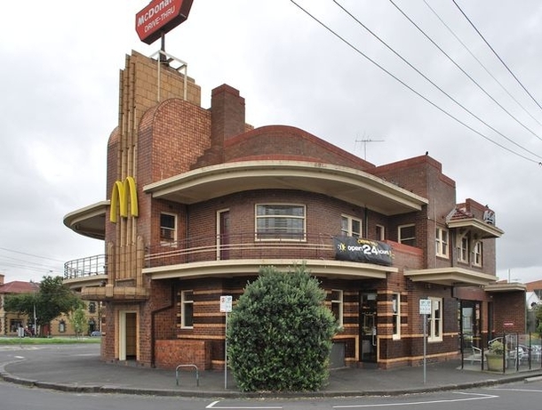 This McDonalds in Melbourne Australia that sits in this streamline art Moderne Hotel from the s