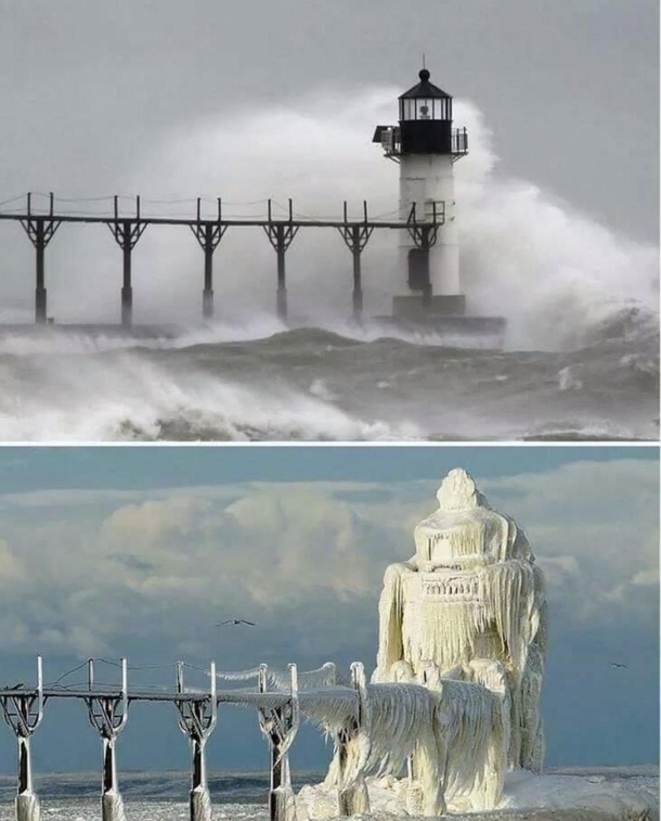 this Michigan lighthouse before and after an ice storm