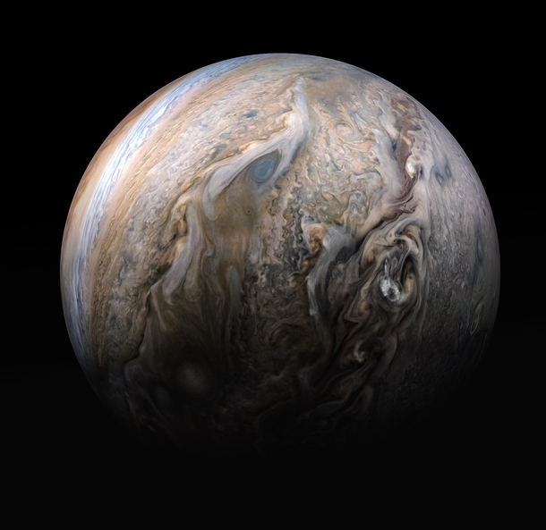 This stunning compilation image of Jupiters stormy northern hemisphere