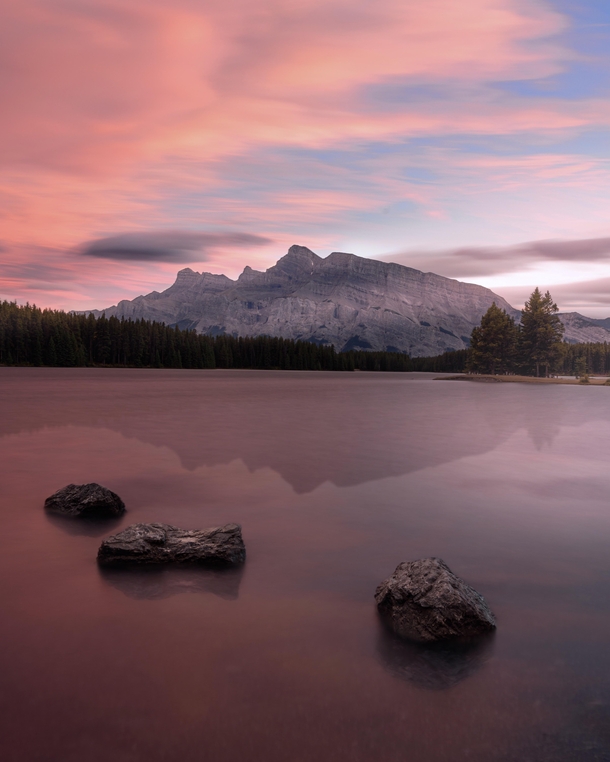 This was such an amazing sunset over Two Jack Lake in Banff Alberta 