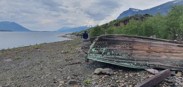 Three abandoned boats on the coast of Akkajaure Suorva northern Sweden