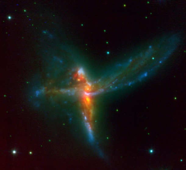 Three galaxies merging together to form a cosmic Tinker Bell 