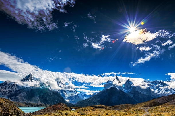 Torres del Paine in southern Chile on a sunny day 