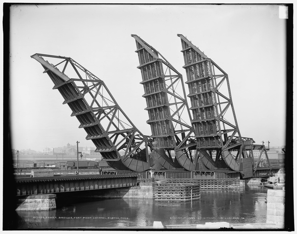 Tower bridges Fort Point Channel Boston  Spans for Northern Avenue Congress Street and Summer Street See comment 
