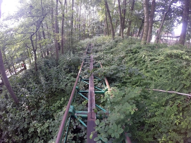Tracks lead into the distance of Camelot an abandoned UK theme park 