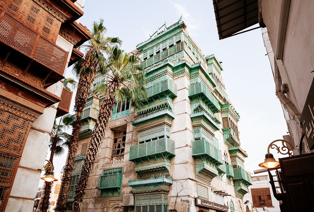 Traditional houses are built of sea coral in the old town of Jeddah Saudi Arabia 