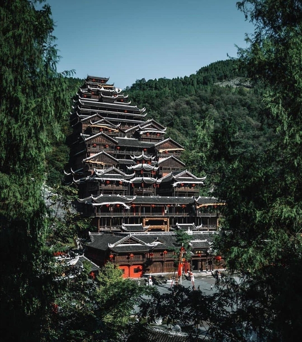 Traditional Multi-storey building built using ethnic Miao architecture style Chiyou Jiuli city China 