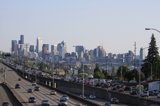 Traffic approaching downtown Seattle Washington on Interstate  