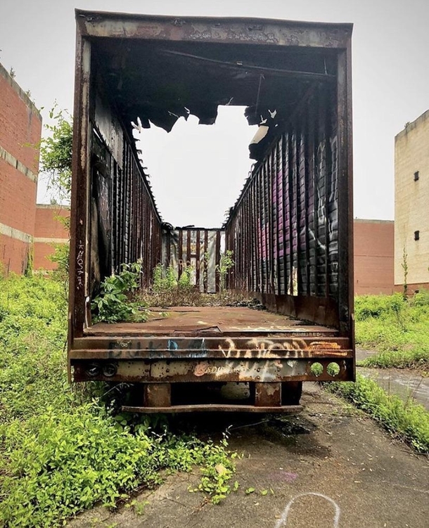 trailer burnt to hell at an abandoned industrial park once a whisky distillery in PA