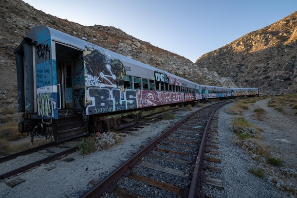Train cars in the California desert 