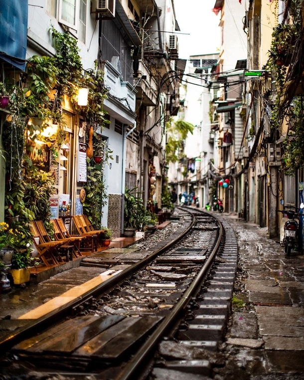 Train tracks and a cafe in Hanoi Vietnam