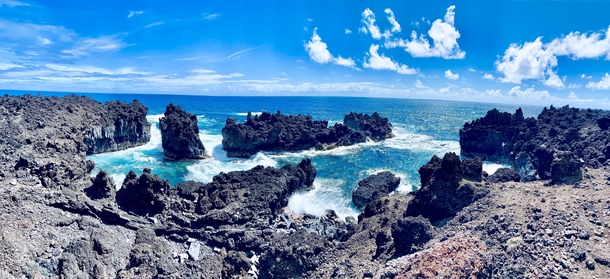 Trek through the Seaside trail of Wainapanapa state park in Maui - worth every stab of our feet by the Lava tubes 