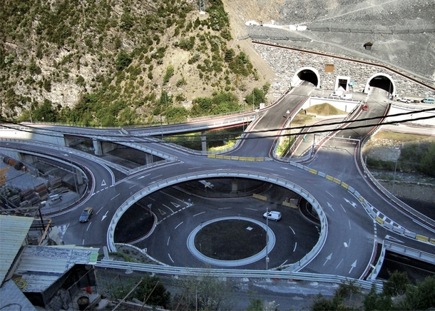 Tunel Dels Los Vilares East entrance and double decker traffic circle  Andorra La Vella Andorra 