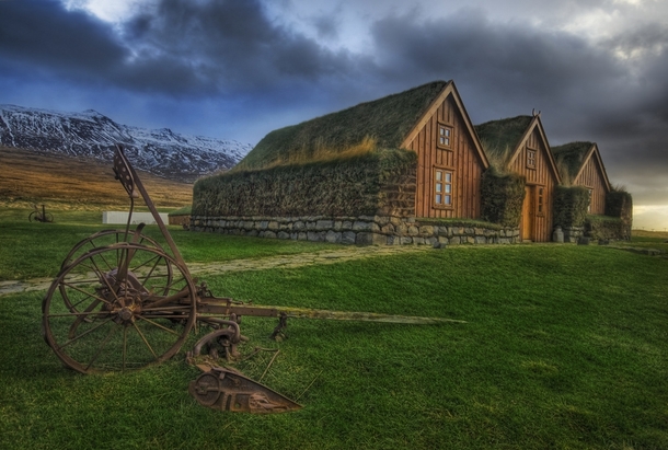 Turf roof village in Iceland 