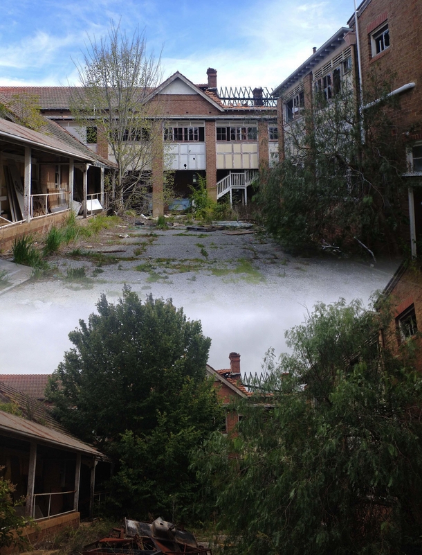 Two photos of an abandoned orphanage taken a year apart
