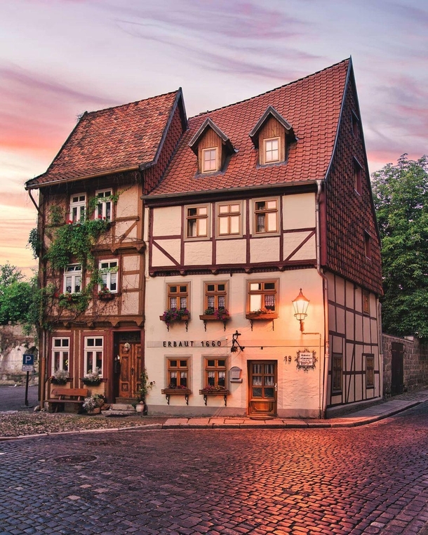 Two th century half-timbered houses at Hohe Strae  and  in Quedlinburg one of the best-preserved medieval and Renaissance towns in Europe that escaped major damage during World War II Harz Saxony-Anhalt Germany