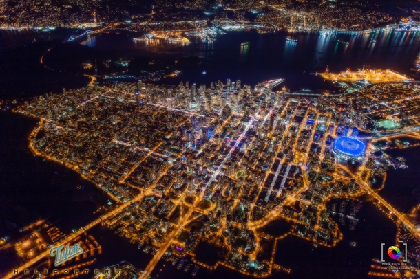 Unique night time aerial shot of Vancouver 