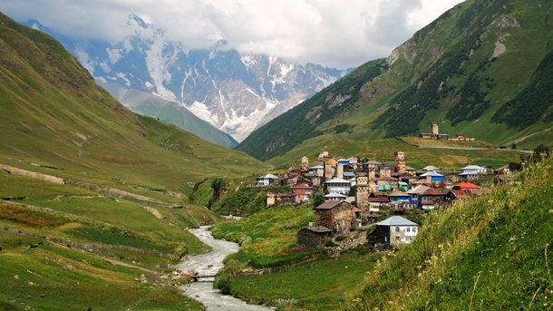 Ushguli village surrounded by Caucasus mountains in Svaneti Georgia 