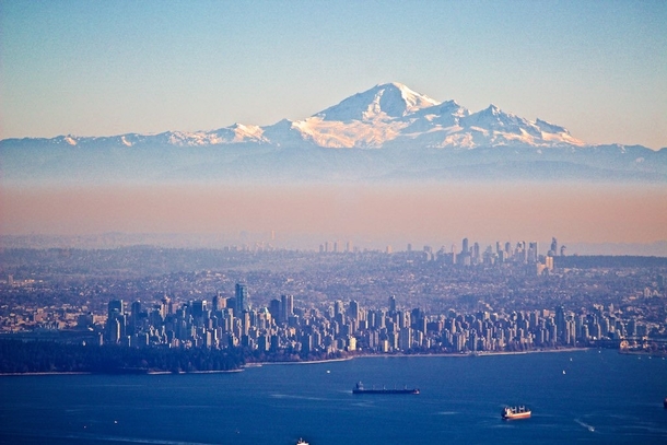 Vancouver BC with Mt Baker Washington looming in the background active volcano 