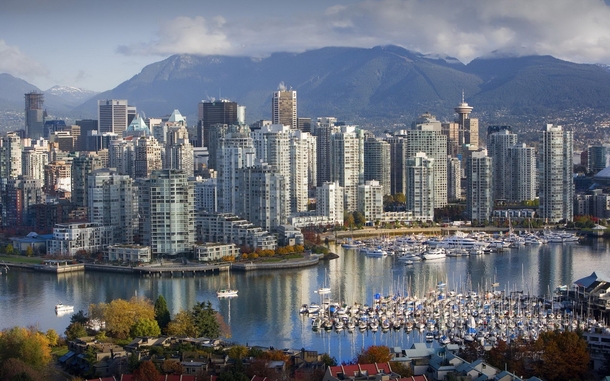 Vancouver Canada with marina and mountains 