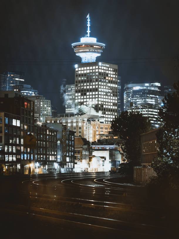 Vancouvers Harbour Tower at night 