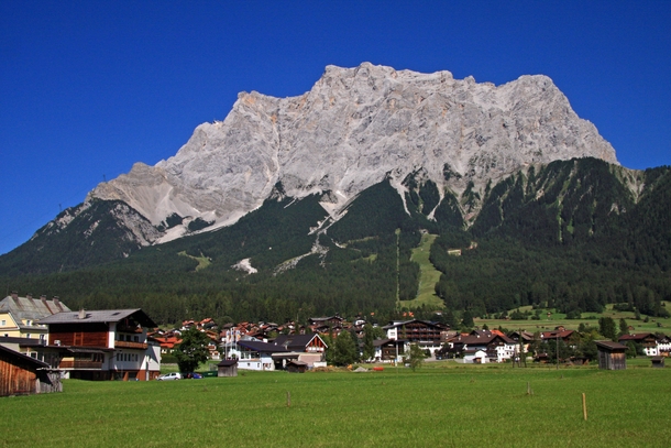 View at the mountain Zugspitze from the Austrian village Ehrwald 