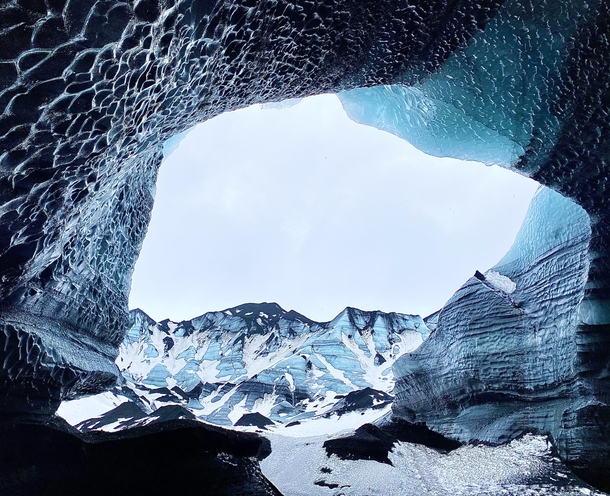 View from inside the Dragon Glass Ice Cave in Iceland 