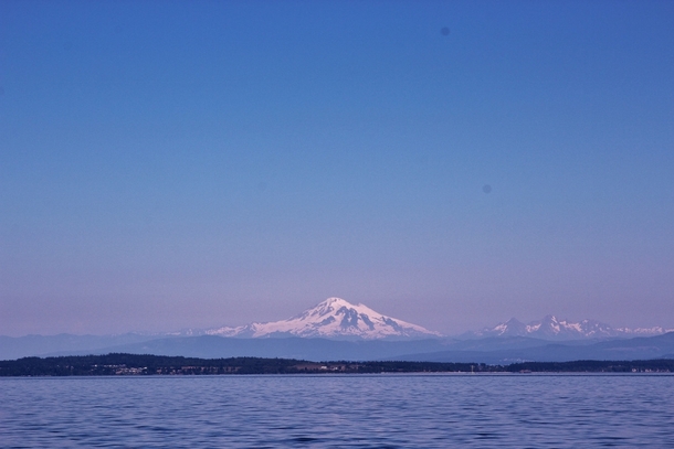 View of Mount Baker left and the Twin Sisters right from Bellingham Bay Washington 