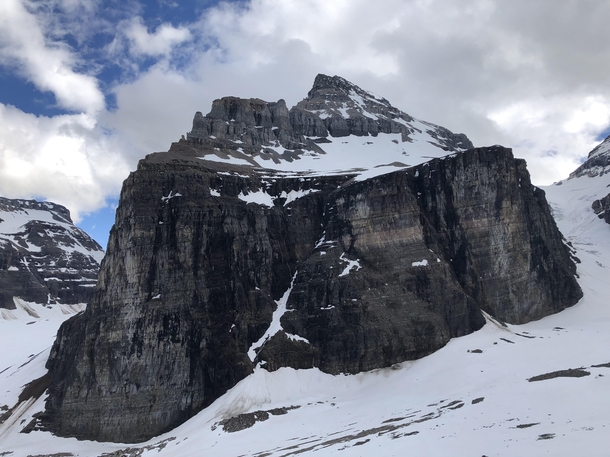 View of Mt Lefroy from the Plain of Six Glaciers Lookout hike in Banff Alberta CA 