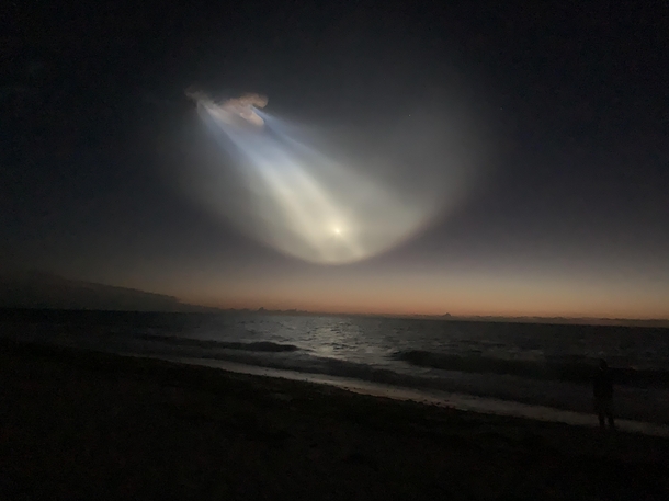 View of SpaceX falcon  about  minutes after its initial launch from about  miles south of the Kennedy Space Center