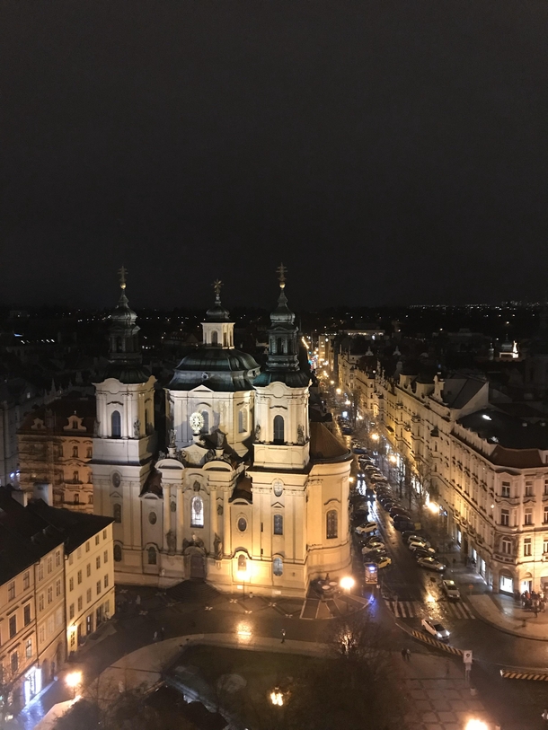 View of St Nicholas church from Old Town Hall Tower in Prague