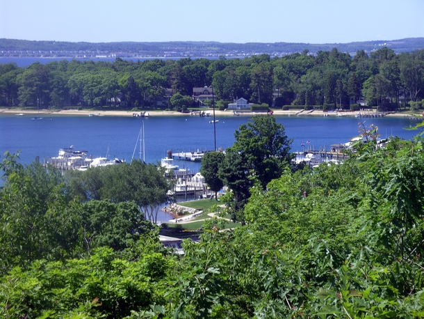 View of the Marina at Harbor Springs Michigan from the bluff above town 
