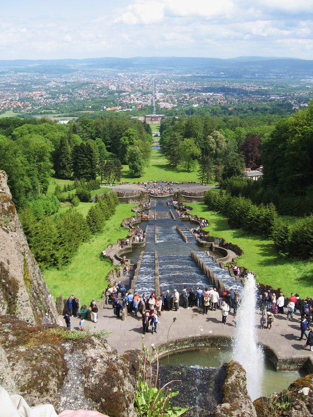 View towards Kassel seen atop the cascades of Bergpark Wilhelmshhe a landscape park designated as a UNESCO World Heritage Site Hesse Germany 