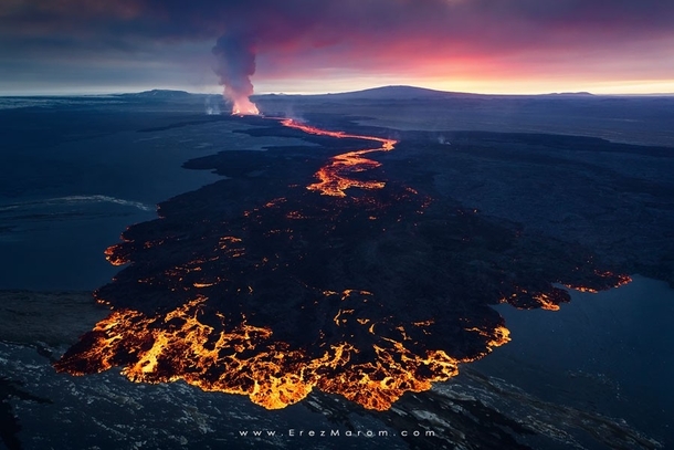 Volcanic Sunset - aerial shot of a new lava flow in Holuhraun Iceland  by Erez Marom x-post rIsland